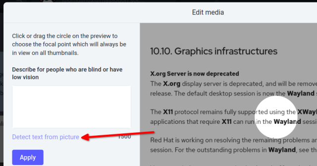 "Edit Media" popup on Mastodon with an arrow pointing at "Detect text from picture".