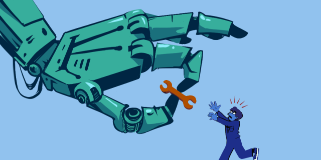 A giant robot hand holding a monkey-wrench. A tiny, distressed human figure is attempting - unsuccessfully - to grab the wrench away.


Image:
EFF
https://www.eff.org/files/banner_library/competition_robot.png

CC BY 3.0
https://creativecommons.org/licenses/by/3.0/us/
