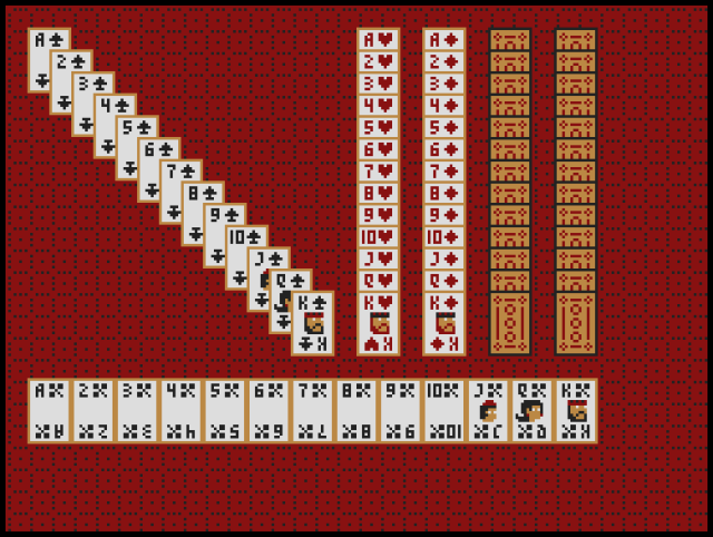 pixel art of playing cards against a red felt table. the image shows the art for every card in every suit.