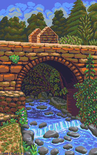 pixel art, bridge over a small river surrounded by vegetation in a warm day