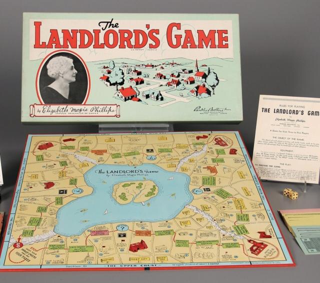 Photo of the original Monopoly board and box when it was still called the Landlord's Game 