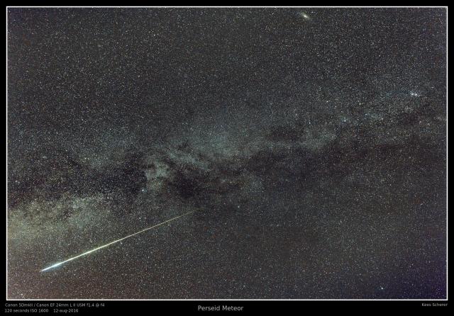 "Bright Perseid Meteor."

Kees Scherer, Public Domain via Flickr: https://flic.kr/p/KVyKf3