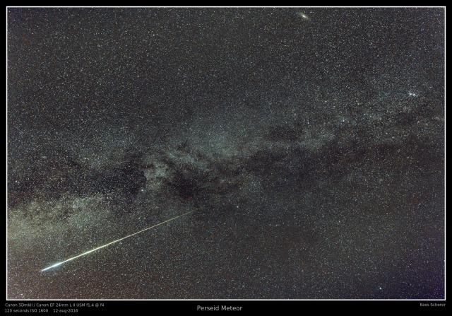"Bright Perseid Meteor."

Kees Scherer, Public Domain via Flickr: https://flic.kr/p/KVyKf3