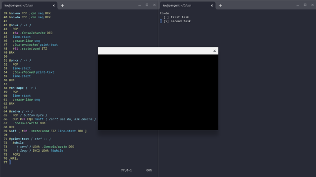 screenshot with a portion of the Uxntal code for a to-do list on the left, the aforementioned to-do list running on the right, and a blank emulator screen in the center