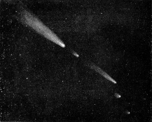 "The fragmentation of comet Brooks as sketched by E. E. Barnard on August 4, 1889," from "Le Ciel" (1923).

E. E. Barnard, Public domain, via Wikimedia Commons. Color edits.