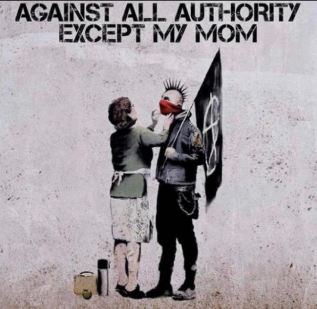 A wall graffitti of a middle-aged woman in apron and glasses adjusting the face mask of a young man in punk gear carrying an Anarchist flag.
Text: against all authority except my mom.