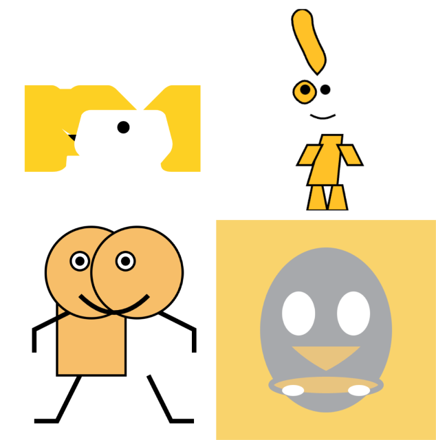 Four line drawings in yellow and black palette (matching The Cheat's color scheme). One is a stick figure with a detached leg, one face, and two heads. Another is a grey head with apparent lower tusks, and another is a trapezoidal figure with floating face and giant yellow elvis hair. The last one is indescribable, an angular floating eye among yellow shapes.