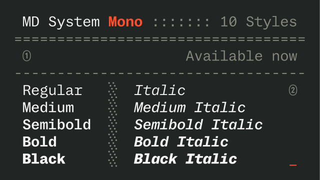 An image showing the 10 styles (Regular, Medium, Semibold, Bold and Black weights, plus corresponding italics) of the new MD System Mono typeface family.