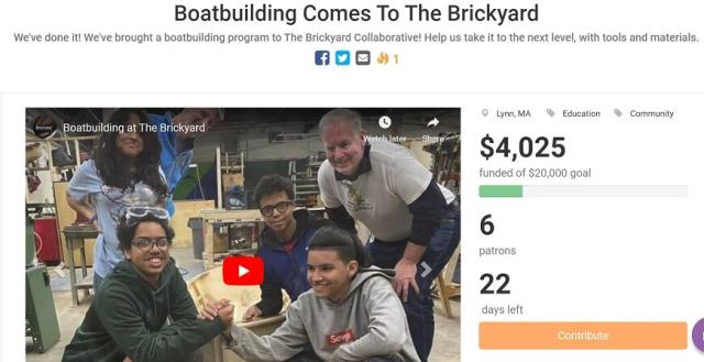 A screenshot of the Patronicity fundraising page for the Brickyard Collaborative in Lynn, Massachusetts. It features four young people and a teacher that just completed building a boat in the makerspace.