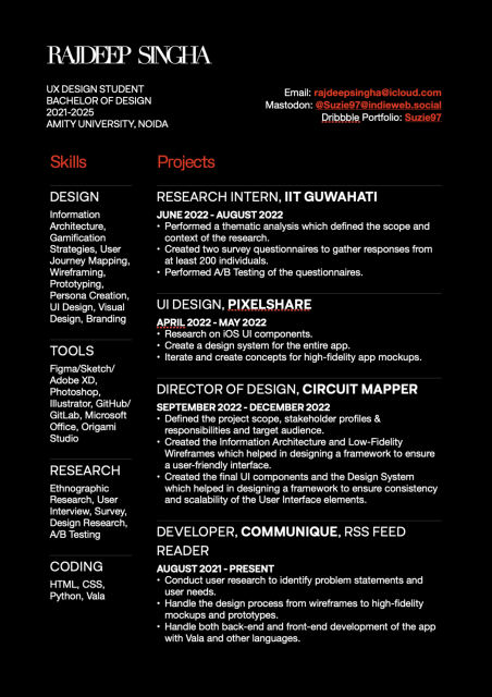 The same resume in a black background and the black text coloured white.