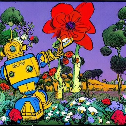 wild robot gardener with a big red flower. AI-image in Comic style.