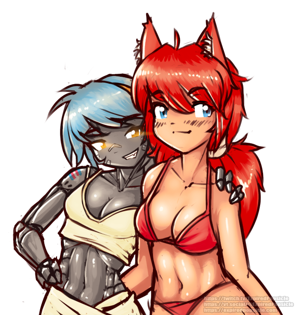 A metallic colored robot girl with her arm around a catgirl. The robot girl has blue hair, glowing orange eyes, and a trans pride flag painted on her shoulder. She's wearing a crop top.

The catgirl has red hair, blue eyes, and is wearing a red bikini.