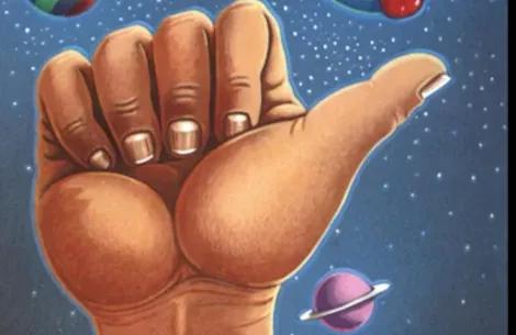 Image of hitchhikers thumb from the cover of Douglas Adams' The Hitchhiker’s Guide to the Galaxy.
