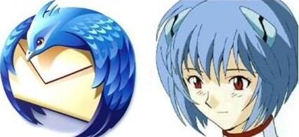 Image compares old logo of Mozilla Thunderbird with Rei Ayanami from Neon Genesis Evangelion