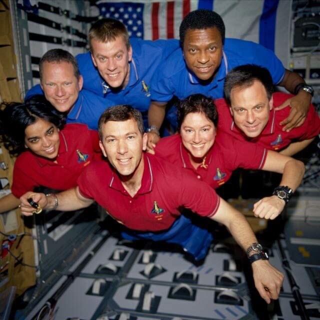 The STS-107 shuttle Columbia crew. The image was recovered from wreckage inside an undeveloped film canister. From left (bottom row): Kalpana Chawla, Rick Husband, Laurel Clark, and Ilan Ramon. From left (top row): David Brown, William McCool, and Michael Anderson. (Image: NASA/JSC)