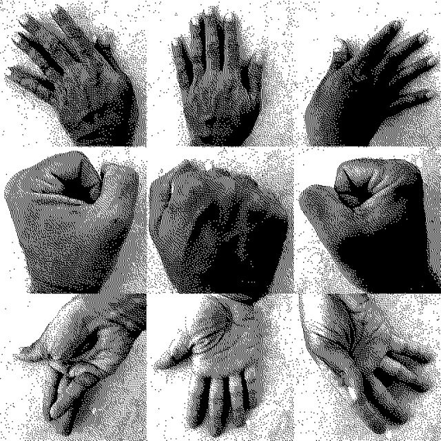 Nine hand photos in a grid, gestures imitating the Merveilles logo