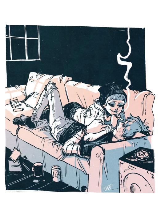 Illustration of two people in a sofa.