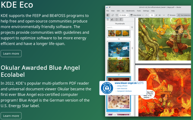 The following text is shown on a green background: "KDE Eco: KDE supports the FEEP and BE4FOSS programs to help free and open-source communities produce more environmentally friendly software. The projects provide communities with guidelines and support to optimize software to be more energy efficient and have a longer life-span. Okular Awarded Blue Angel Ecolabel In 2022, KDE's popular multi-platform PDF reader and universal document viewer Okular became the first ever Blue Angel eco-certified computer program! Blue Angel is the German version of the U.S. Energy Star label."