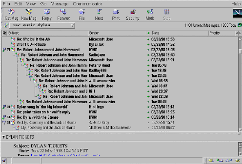 An old fashioned interface showing messages about Bob Dylan.