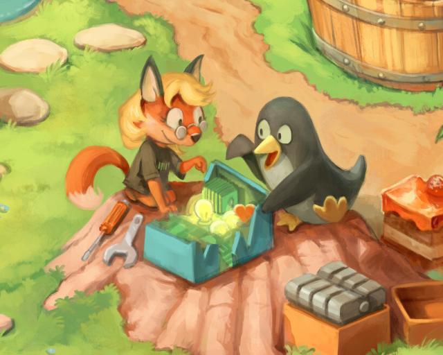 Close-up of the artwork: Xenia and Tux hacking together.
