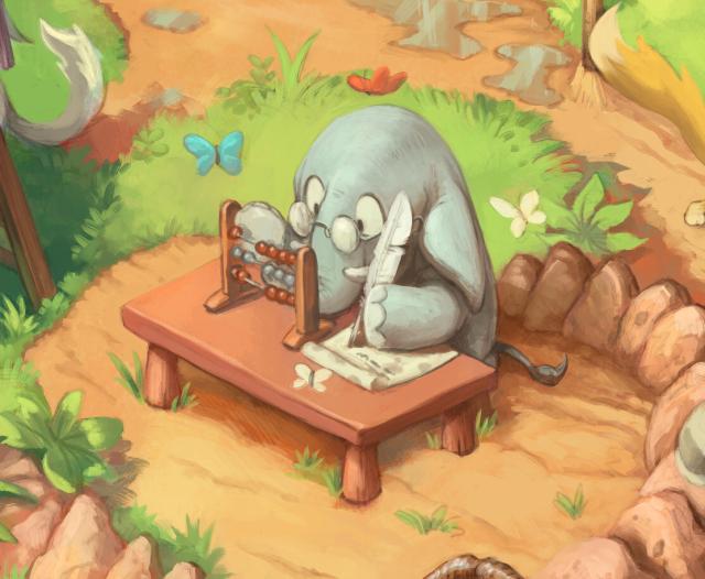 Close-up of the artwork: A pachyderm doing paperwork.
