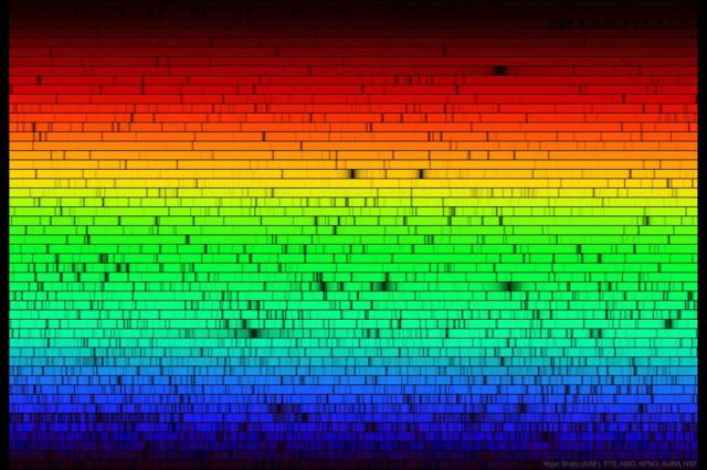 A rainbow of the Sun's colors is shown from deep red on the upper left to deep blue on the lower right. Some horizontal lines have gaps that appear dark where some colors are missing.