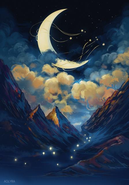 Digital painting of a landscape with mountains water and the nightsky. There are orange blue clouds and a big moon. The centered moon is surrounded with lines and stars. There are also little bright and shining stars in the water and on the path of the mountains.