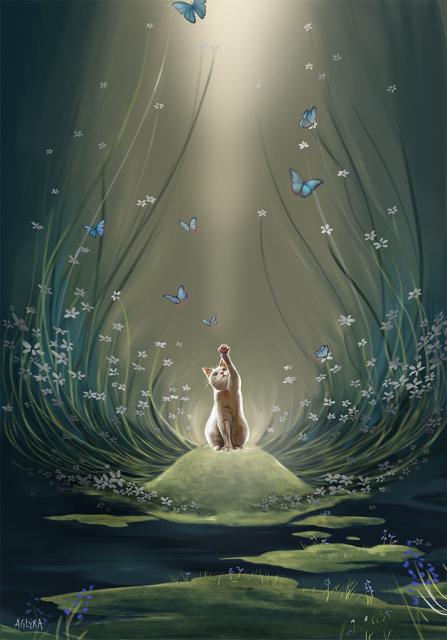 A digital painting of a scenery in nature: In the center is a cat sitting on a small hill reaching out to a butterfly. The scene is surrounded by floral elements and blue butterflies that are flying towards the light above.