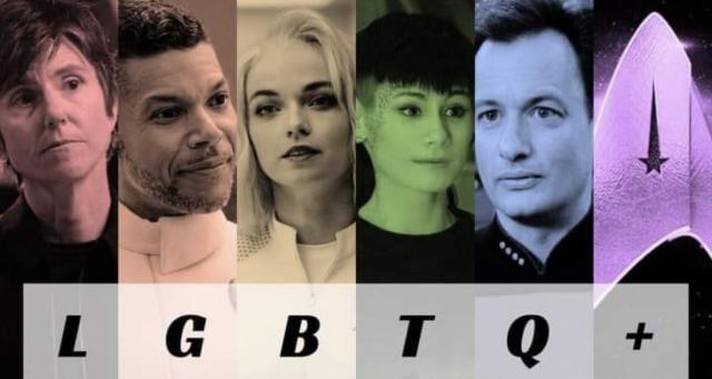 A meme with LGBTQ+ along the bottom. Each character from star trek above the letter. Jett Reno for L, Dr. Culber for G, Nurse Chapel for B, Gray Tal for T, Q for Q. LOL. And then a violet Star Trek badge for the +