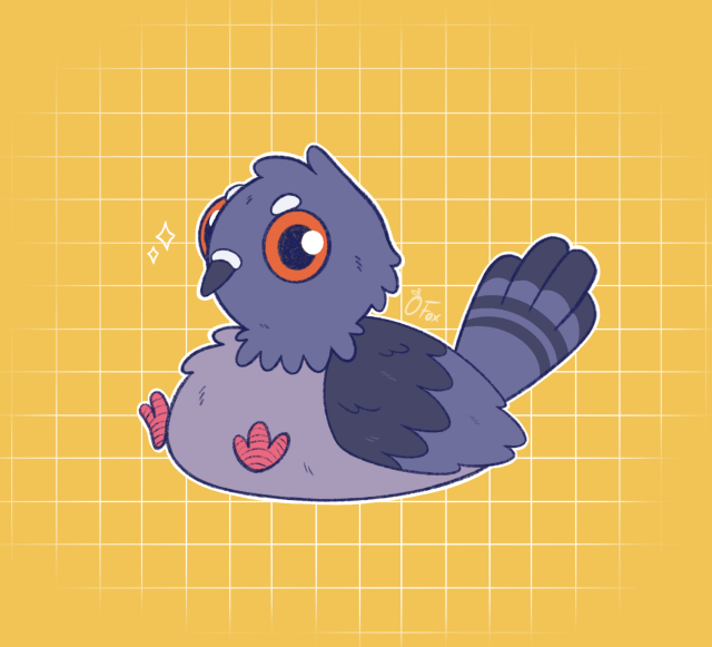 A very simplistic and cartoony pigeon in different shades of grey, orange eyes and pink feet. Sitting on the floor, quite chubby. It looks a bit angry, maybe because it's waiting for you to share your snacks with it!