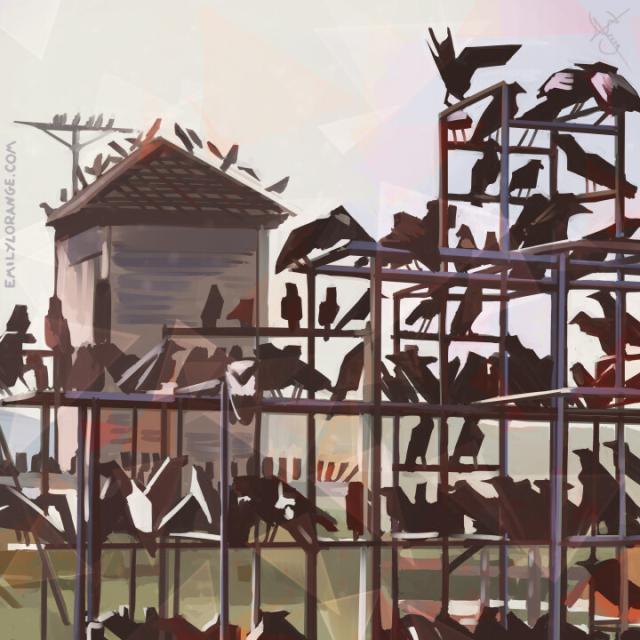 a digital speedpainting of a still from alfred hitchcock's 'The Birds', featuring the scene with hundreds of crows sitting on a school playground. the scene has been presented in square format, and the birds themselves have been mostly abstracted into angular shapes
