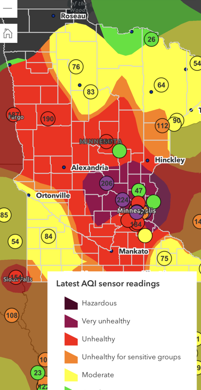 An image of the air quality AQI readings for the state of MN showing most air as Unhealthy or Very Unhealthy 