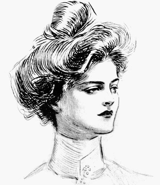 Black-and-white sketch of a woman looking to the right, her hair is tied up and her neck is mostly covered with a collar.