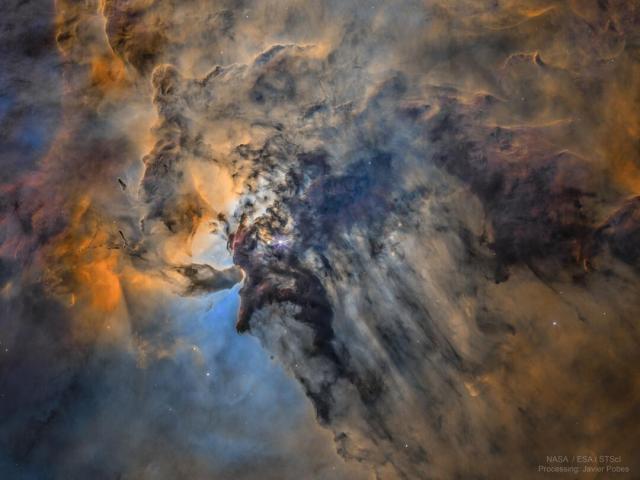 The center of the Lagoon Nebula is pictured in false colors. Toward the center left, dark dust swirls around glowing gas and bright stars.