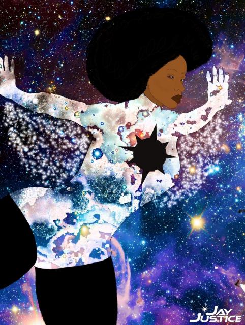a digital artwork of a Black woman (Captain Marvel/Monica Rambeau) floating through space. She has dark brown skin and an afro, and is wearing a white leotard with a black starburst on the chest, and black leggings. Part of her body is made of stars. She has stars in both eyes and is in flight, traveling.  Text on the bottom right reads "Jay Justice"