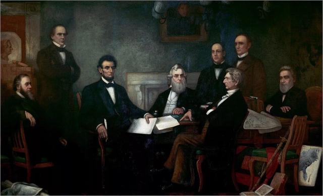 Color, painting of Lincoln and cabinet signing proclamation.