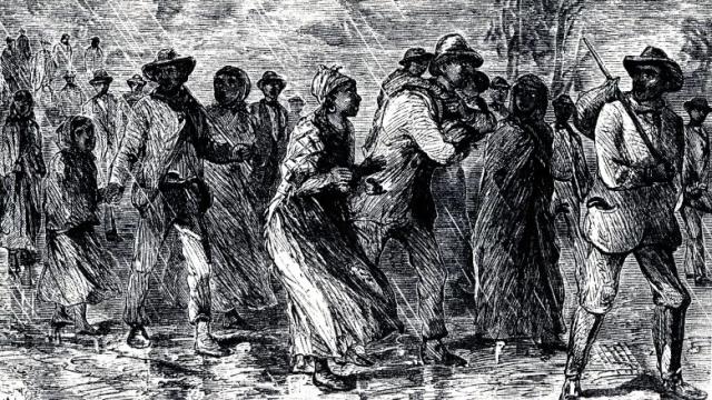 B/w drawing of emancipated slaves.