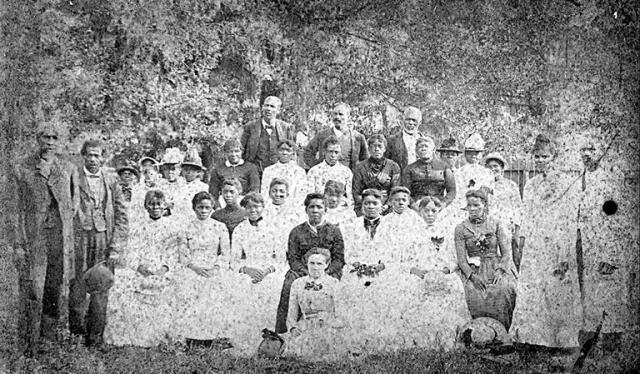 B/w photo of late 19th century Juneteenth celebration.