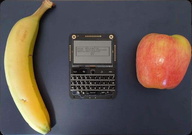 Blackberry like handheld device between a banana and apple for scale
