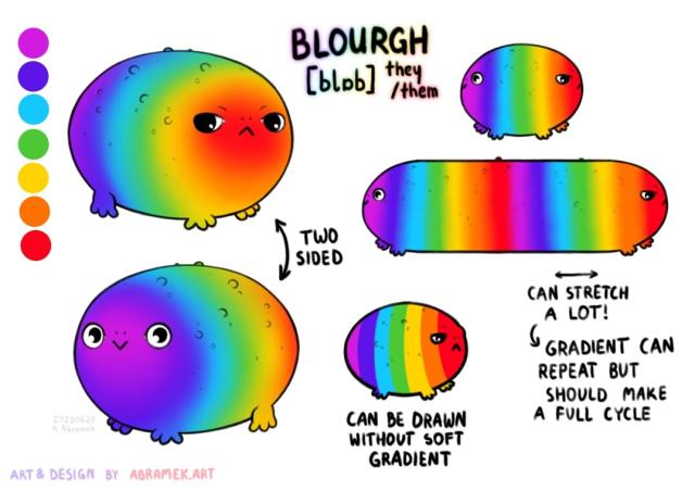 Reference sheet for Blourgh. The title includes name, pronouns they/them. On the left there are two main images showing both ends of the frog. It's very round, rainbow coloured, one face is grumpy, the other one is cute. On the right there are sketches showing that Blourgh can stretch in lenght and can be drawing with hard lines for each rainbow colour.