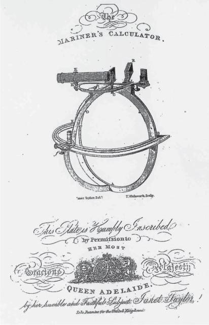 Inside cover of Janet Taylor’s publication, Lunar Tables, 1834. This is a drawing of the Mariners Calculator, a tool that combines many instruments and functions including finding the true altitude, true time, and the true azimuth. Source credit: Croucher & Croucher (2011)