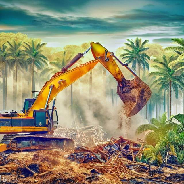 Excavators destroying a tropical forest. On the background there is a palm trees plantation.