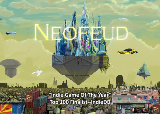 Screenshot of Neofeud cover with floating palace, flying cars over endless slum and shanties