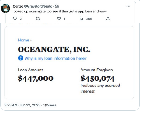 Oceans Gate got a PPP loan of 450k and had it all forgiven.
