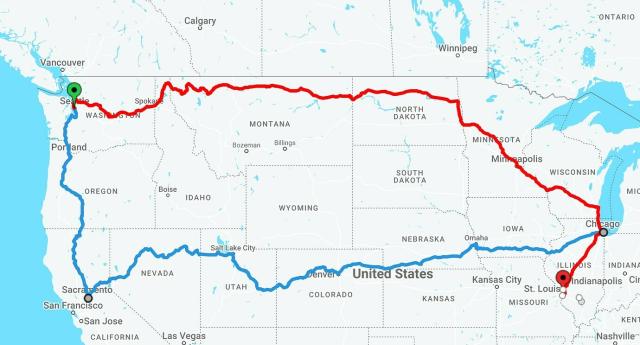 Screenshot of Amtrak routes from Seattle to St Louis. We’ll be taking the “Empire Builder” red route parallel to the US - Canada border