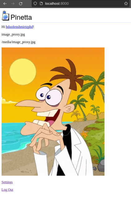 Pinetta development server running locally that has a single user hdoofenshmirtzphd. A picture of Dr. Doofenshmirtz from Phineas and Ferb in a beach setting is set as this user's profile picture.