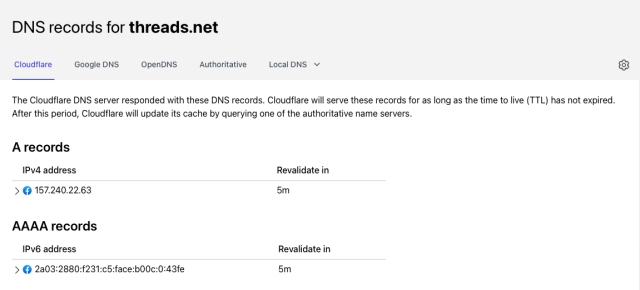 Screenshot of threads.net's Cloudflare DNS records, showing an A (IPv4) record 157.24.22.63, and an AAAA (IPv6) record 2a03:2880:231:c5:face:b00c:0:43fe. Both have the Facebook logo presented to the left of them.