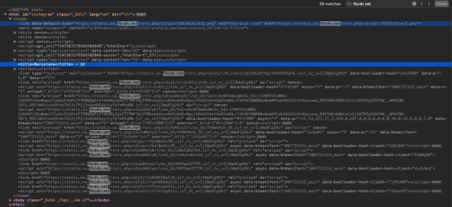 Screenshot of the <head> block of threads.net highlighting Barcelona in the <title> block and 29 calls to static.xx.fbcdn.net.