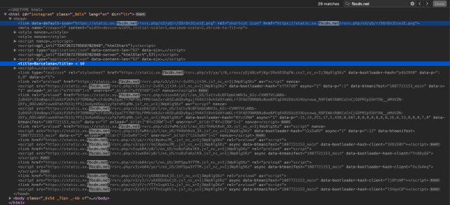 Screenshot of the <head> block of threads.net highlighting Barcelona in the <title> block and 29 calls to static.xx.fbcdn.net.