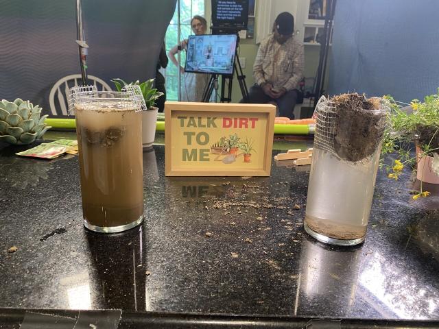 Soil demo from S4 of Serving Up Science. 

The glass on the left shows a small glob of soil left on mesh at the top of the glass, but the water looks very  muddy and there is a thick layer of dirt on the bottom. The soil on the glass on the right maintained most of its structure with visible roots. It’s supported on wire mesh, still at the top of the glass, with a little layer of dirt on the bottom, but the water itself looks pretty clear. 